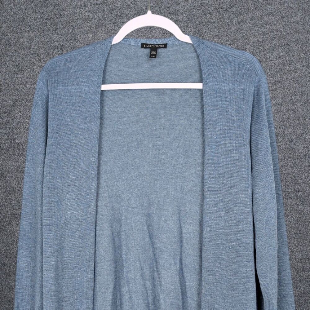 Eileen Fisher Blue Open Front Cardigan Tencel Merino Wool Pockets L Large